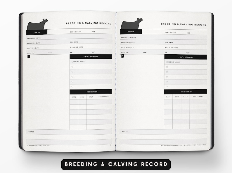 May include: An open planner with black and white pages titled Breeding & Calving Record. The layout includes fields for Cow ID, pedigree notes, breeding and calving dates, a calf checklist, and a medication table with a cow silhouette icon.