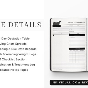 May include: A black and white open notebook with the text "THE DETAILS" and "INDIVIDUAL COW RECORD". The notebook pages include sections for breeding, calving, and medication records. Features include a 283-day gestation table and calf checklist.