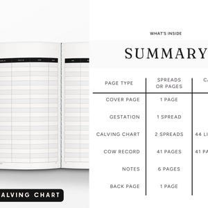 May include: Open black notebook with lined pages, a cow silhouette, and the words "Calving Chart." The right page shows a summary of the notebook's contents, including pages for gestation and cow records.