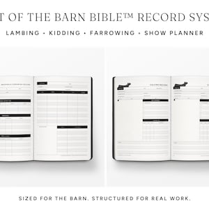May include: Two open planners from the Barn Bible Record System. The left shows breeding and farrowing records with a pig icon. The right shows calving records with a cow icon. Both feature black and white tables for tracking livestock data.
