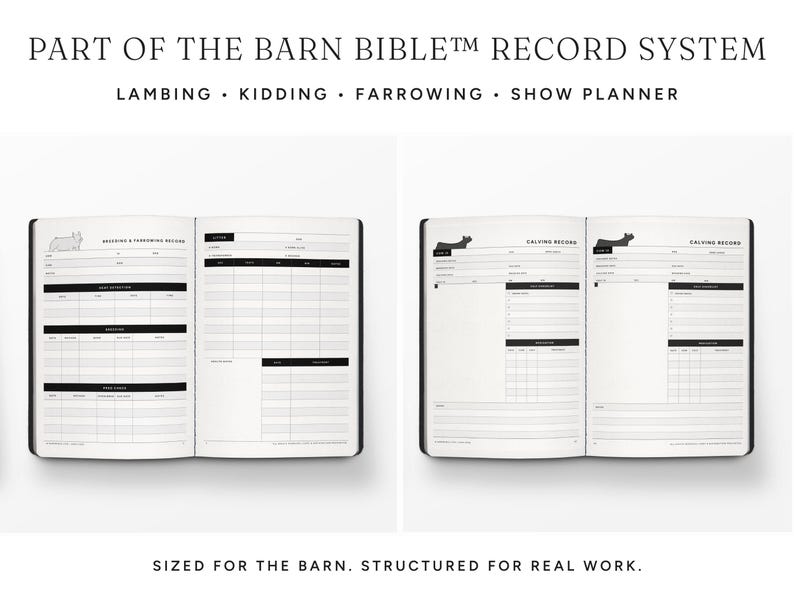 May include: Two open planners from the Barn Bible Record System. The left shows breeding and farrowing records with a pig icon. The right shows calving records with a cow icon. Both feature black and white tables for tracking livestock data.