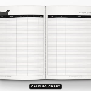 May include: Open notebook with a black cover, featuring a calving chart layout. The left page has a cow silhouette and columns for data. The right page mirrors the layout. The title "CALVING CHART" is displayed at the bottom.