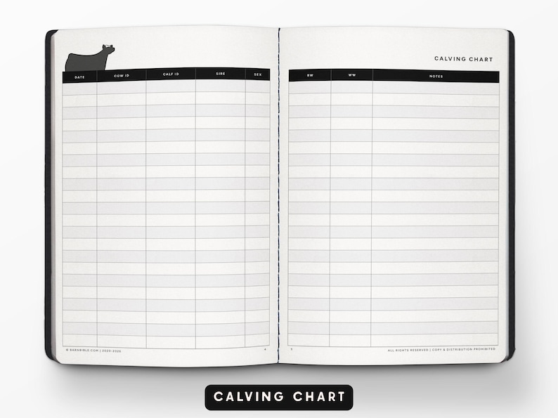 May include: Open notebook with a black cover, featuring a calving chart layout. The left page has a cow silhouette and columns for data. The right page mirrors the layout. The title "CALVING CHART" is displayed at the bottom.