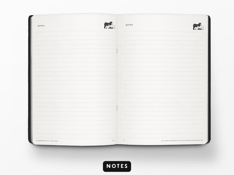 May include: Open notebook with lined pages, featuring a black cover and a white interior. The word "NOTES" is printed at the top of each page and at the bottom. Small cow illustrations are at the top of each page.
