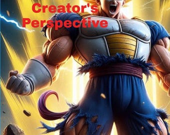 May include: A digital illustration of a powerful anime character with spiky blonde hair, blue eyes, and a fierce expression. The character is wearing a blue and yellow costume with a ripped, tattered design. The text "Innovating with AI: A Creator's Perspective" is displayed in red at the top of the image. The text "The Role of AI Models in AI Innovation." is displayed at the bottom of the image.