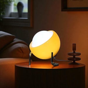 Space Age Table Lamp | Retro 60s 70s Design | Orange & Yellow Globe Light | Frosted Glass Mid Century Modern Lamp | Metal LED Base