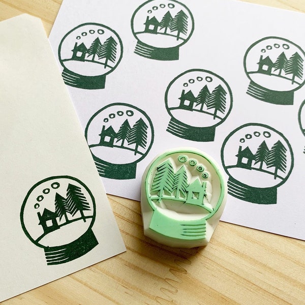 Snow globe rubber stamp, Woodland cottage stamp, Hand carved stamp by talktothesun