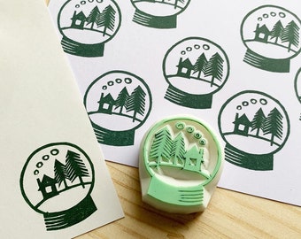 Snow globe rubber stamp, Woodland cottage stamp, Hand carved stamp by talktothesun