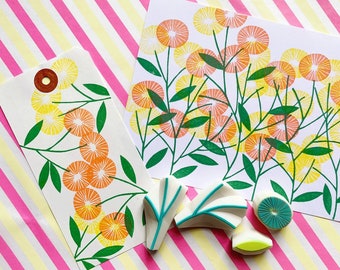 Flower & Leaf Rubber Stamp Set | Hand Carved Stamps | Botanical Design | Style No.2