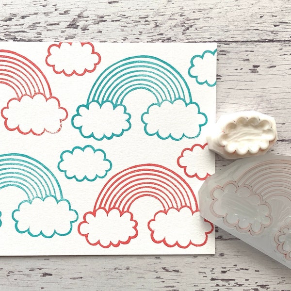 Rainbow & cloud rubber stamp set, Hand carved stamps by talktothesun, Best friend gift