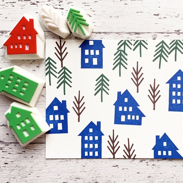 Winter street rubber stamp set, House & tree stamps, Hand carved stamps, Gift for family