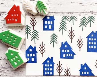 Winter street rubber stamp set, House & tree stamps, Hand carved stamps