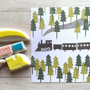 Juego de sellos de goma de locomotora, sellos de motor de vapor y árbol, sellos tallados a mano, regalo para amantes de los trenes