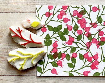 Rose Hip Rubber Stamp Set | Hand Carved Stamps | Journaling & Card Making