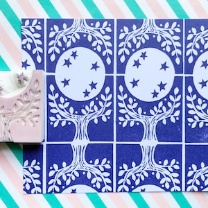 Moonlight tile rubber stamp, Moon & tree pattern stamp, Hand carved stamp