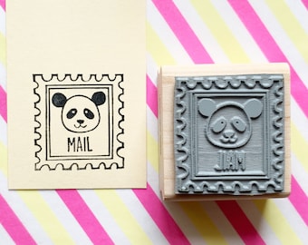 Panda mail rubber stamp, Happy mail stamp, Wood mount stamp by talktothesun