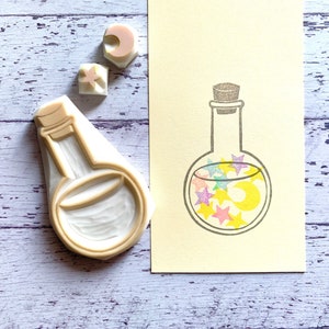 Magic potion bottle rubber stamp, Glass bottle crescent moon & star stamps, Hand carved stamps