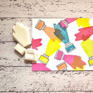 Rubberstempelset inktfles, Gemorste inkt en glazen flesstempels, Handgesneden stempel, Cadeau voor creatievelingen