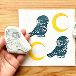 Eule und Mondsichel Stempel: Waldtier handgeschnitzter Stempel für Scrapbooking