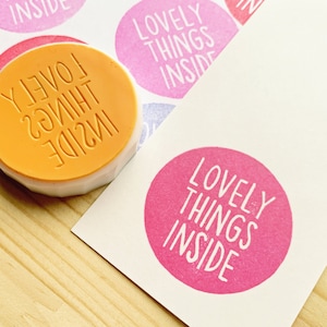 Lovely things inside rubber stamp, Happy mail stamp, Hand carved stamp