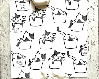 Hand Carved Cat In Basket Rubber Stamp Set: Kawaii Animal Design