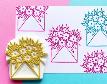 Floral envelope rubber stamp, Flower bouquet stamp, Hand carved stamp
