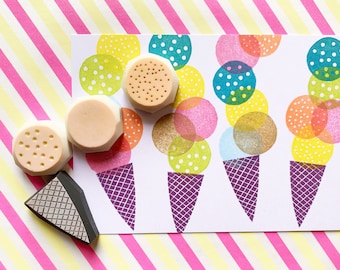 Ice cream rubber stamp set, Ice cream cone stamps, Hand carved stamps