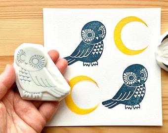 Owl & Crescent Moon Rubber Stamp Set | Hand Carved Stamps | Woodland Animal Design