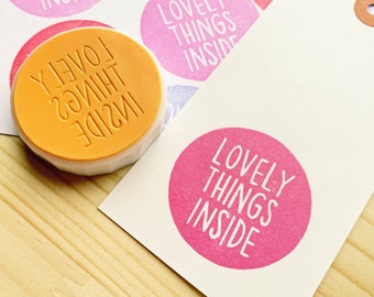 Lovely things inside rubber stamp, Happy mail stamp, Hand carved stamp