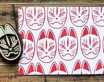 Hand Carved Kitsune Japanese Fox Rubber Stamp: Folklore & Yokai Design