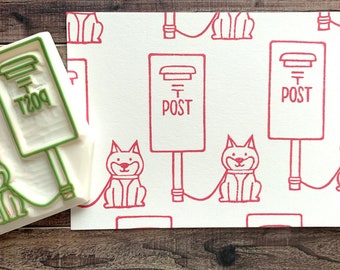 Japanese mailbox rubber stamp, Shiba inu stamp, Hand carved stamp, Dog lover gift