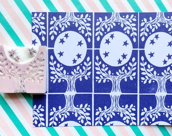 Moonlight tile rubber stamp, Moon & tree pattern stamp, Hand carved stamp