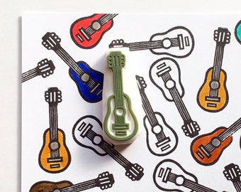 Acoustic guitar rubber stamp, Musical instrument stamp, Hand carved stamp