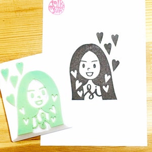 Custom portrait rubber stamp, Personalized portrait illustration service, Hand carved stamp image 1