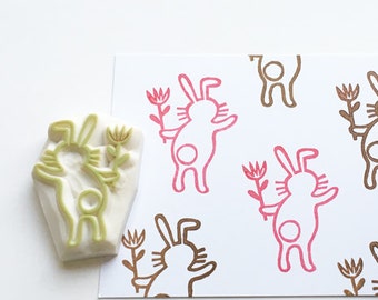 Rabbit holding flower rubber stamp, Woodland animal stamp, Hand carved stamp