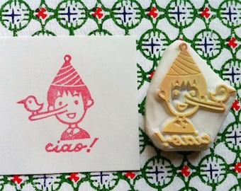 Pinocchio says ciao rubber stamp, Happy mail stamp, Hand carved stamp by talktothesun