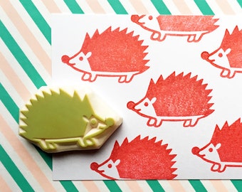 Hedgehog rubber stamp, Woodland animal stamp, Hand carved stamp, Craft gift for child