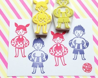 Children at the beach rubber stamp set, Boy & girl stamps, Hand carved stamps by talktothesun
