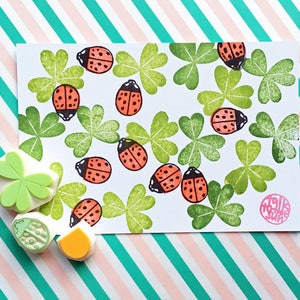 Ladybug rubber stamp set, Clover leaf stamp, Hand carved stamps by talktothesun