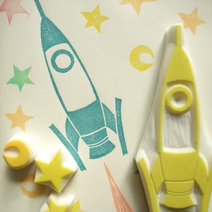 Rocket rubber stamp, Spaceship moon & star stamps, Hand carved stamps by talktothesun image 1