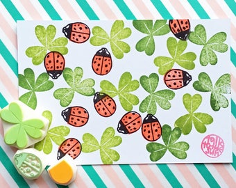 Ladybug & clover leaf rubber stamp set, Insect stamp, Hand carved stamps by talktothesun