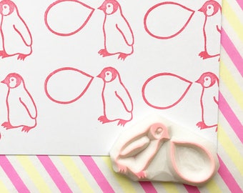 Baby penguin rubber stamp, Speech bubble stamp, Hand carved stamp by talktothesun