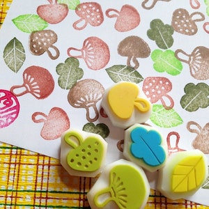 Mushroom & leaf rubber stamp set, Hand carved stamps by talktothesun, Gift for friends image 1