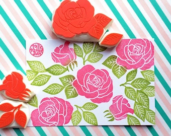 Rose rubber stamp set, Flower & leaf stamps, Hand carved stamps, Nature lover gift