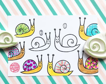 Smiley Snail Rubber Stamp Set | Hand Carved Stamps | Journaling Card Making