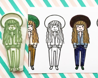 girl with hat rubber stamp, fashion stamp, hand carved stamp by talktothesun