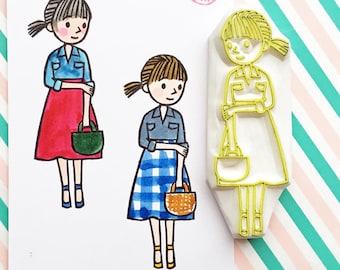 Girl carrying straw bag rubber stamp, Fashionista stamp, Hand carved stamp by talktothesun