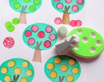 Fruit tree rubber stamp, Tree trunk leaf & circle stamps, Hand carved stamps