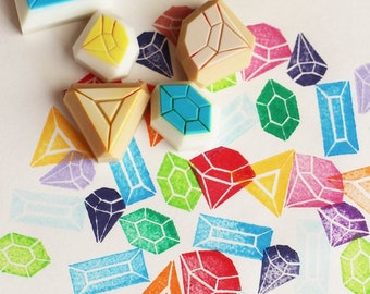 Gemstone rubber stamp set, Diamond jewel stamps, Hand carved stamps, Craft gift for her