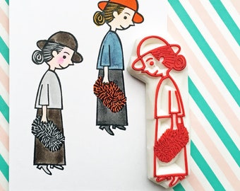 Girl holding handbag rubber stamp, Hand carved stamp by talktothesun, Gift for youself